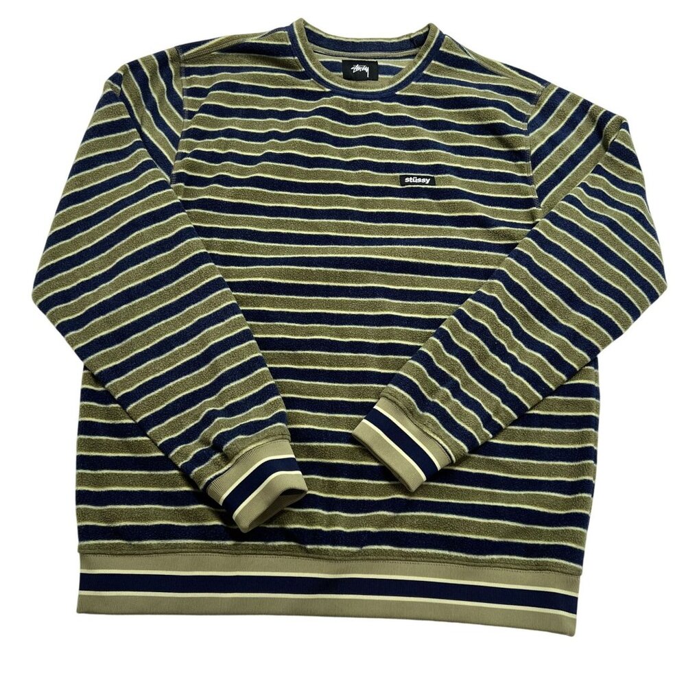 Stussy Striped Polar Fleece Crewneck in Green - Picture 1 of 5